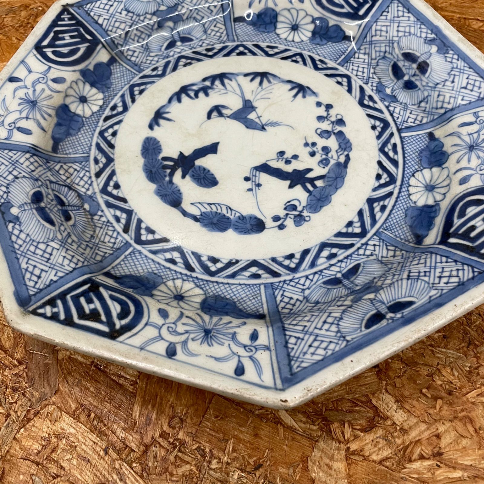 1】古伊万里焼 大皿 染付芙蓉手 鳥松竹梅文八角大皿 骨董品