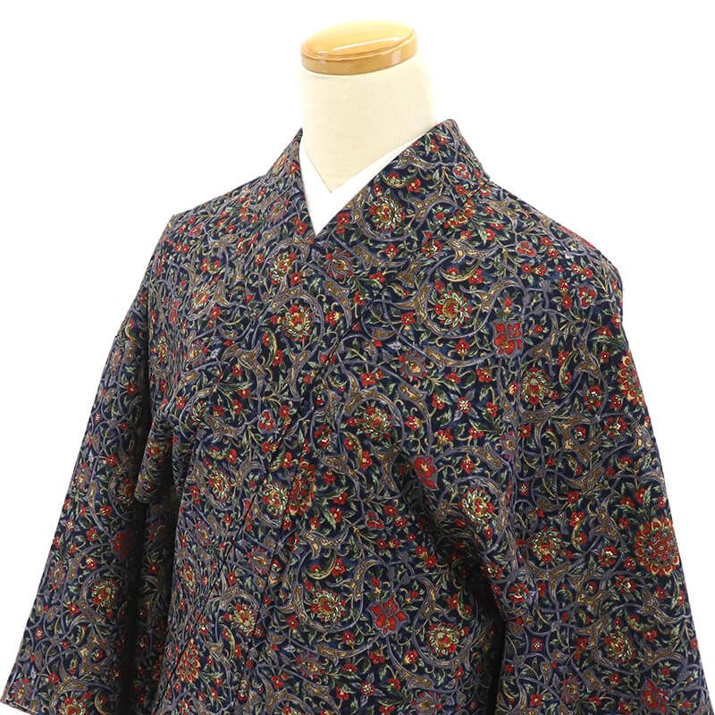 紬 袷 レディース 正絹 紺 花唐草 染め 小粋 身丈166cm 裄丈67cm ランチ ショッピング お出かけ 普段着 Lサイズ相当 即日発送