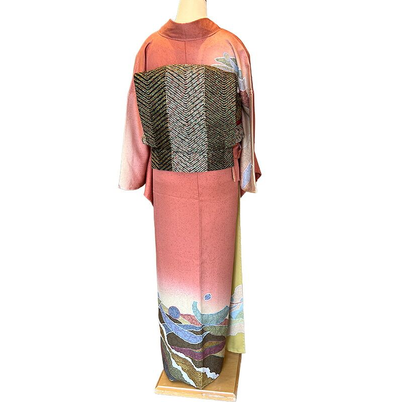 訪問着 袋帯2点セット身丈161cm 裄丈68.5cm L 袷 花 流水 正絹 訪問着 袋帯 2点セット レディース 袷正絹 フォーマル 朱 無月 抽象柄