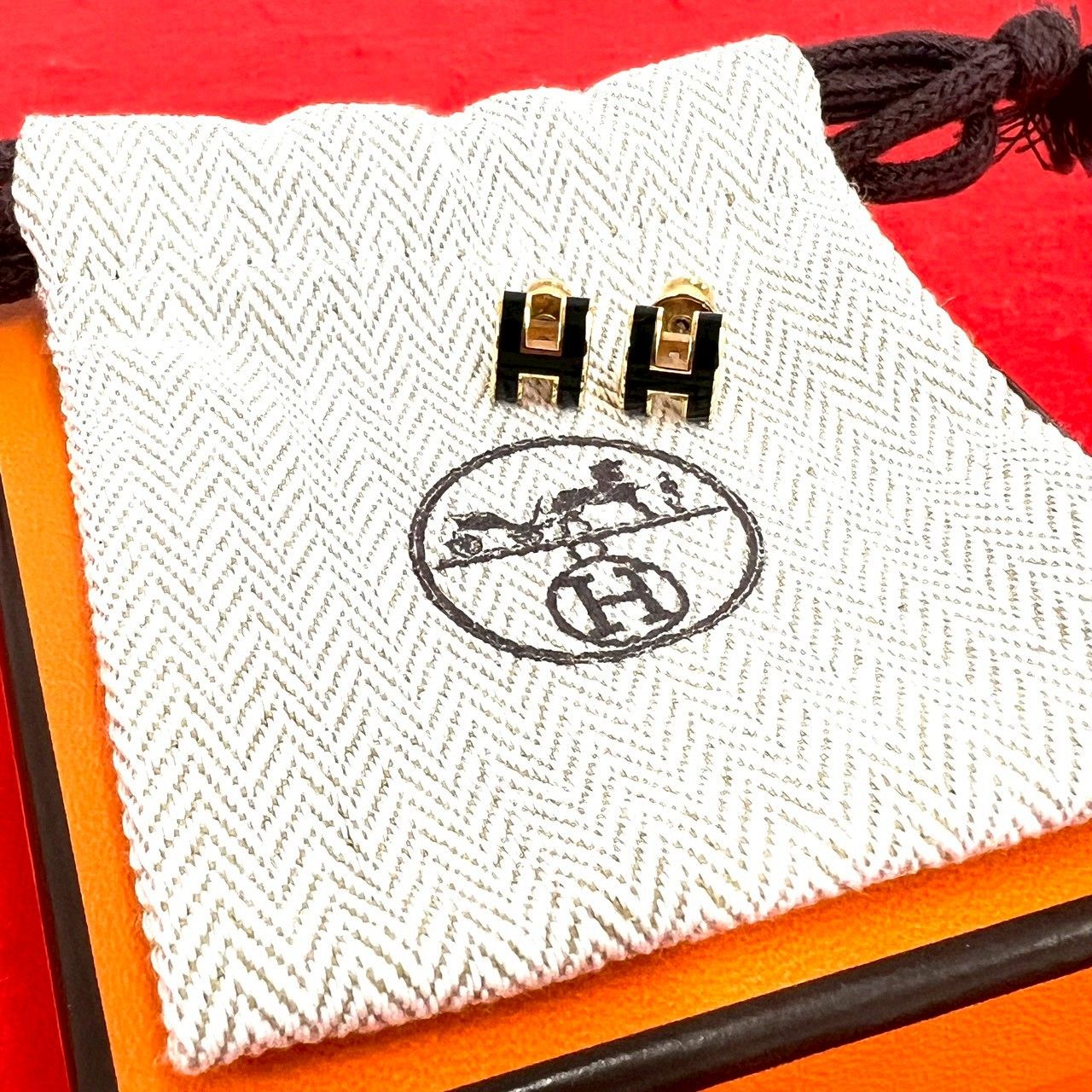 極 美品 保存箱 袋付き HERMES エルメス ポップアッシュ H ピアス GP アクセサリー ゴールド ブラック 95308