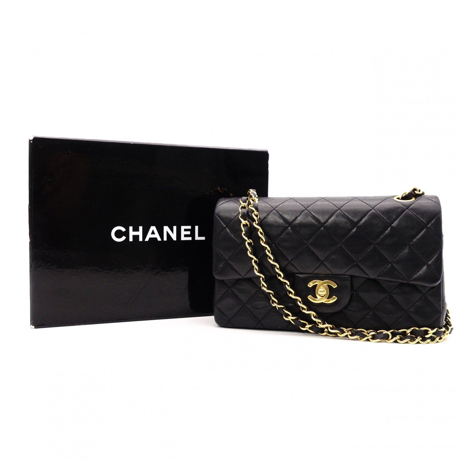 CHANEL シャネル マトラッセ Wフラップ ラムスキン チェーンショルダーバッグ ブラック レディース