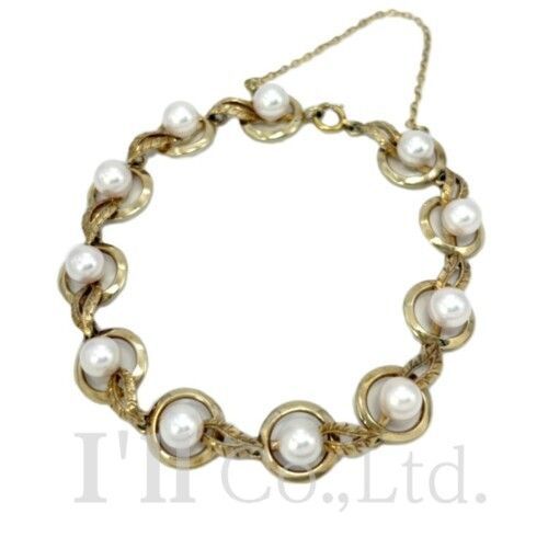 MIKIMOTO　ミキモト　パール　ブレスレット　K14YG　11Pパール　約5.8mm　ブランドジュエリー　アクセサリー　K14YG　イエローゴールド　14金　真珠　リーフ　葉っぱ【中古】【87356】