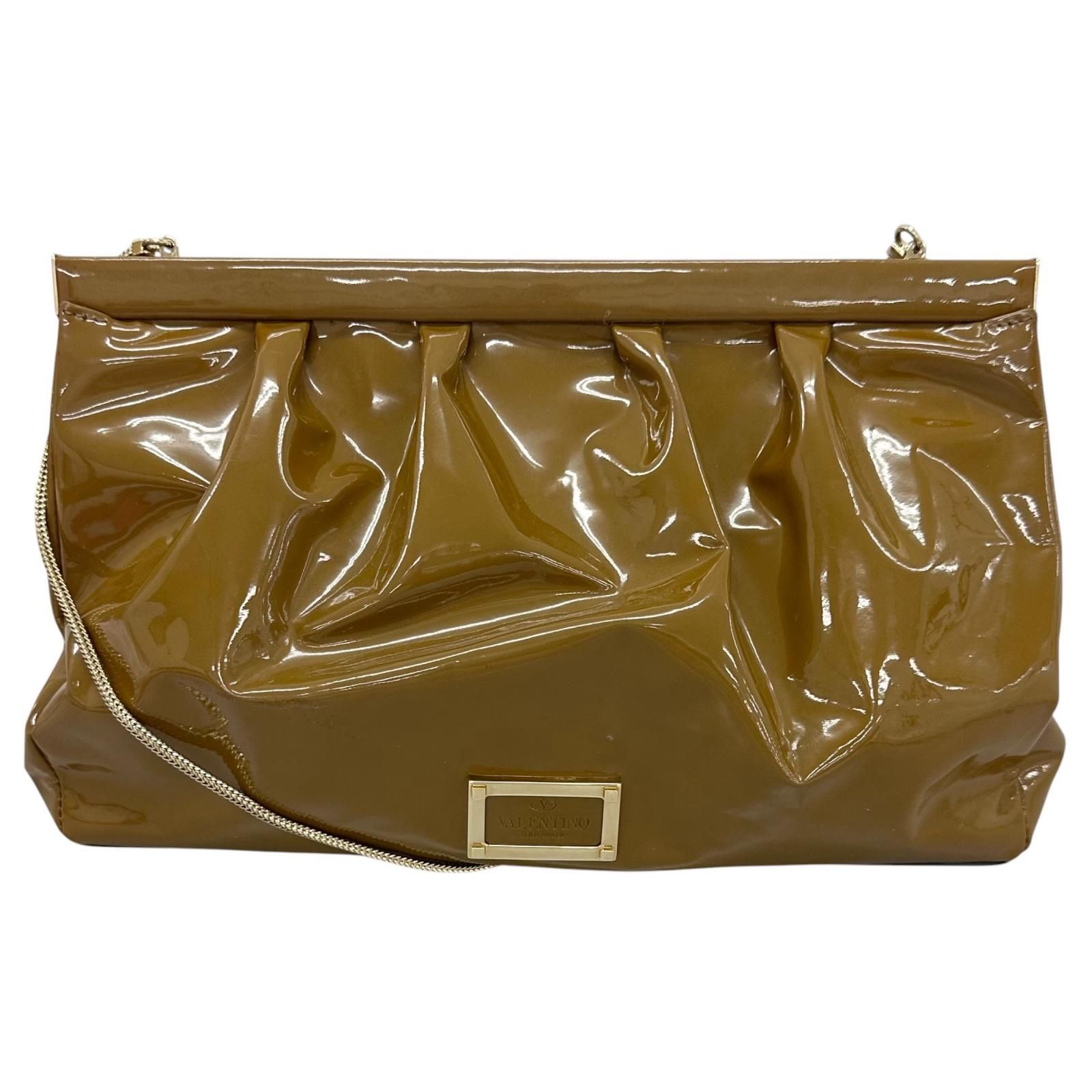 VALENTINO ヴァレンティノ チェーンショルダー ショルダーバッグ パテントレザー カーキ【中古】 レディース