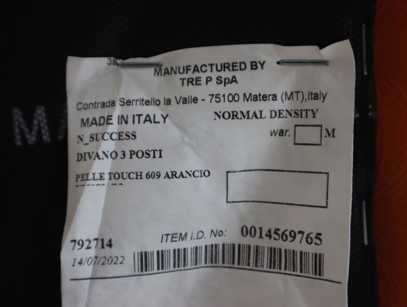 展示品 NICOLETTI ニコレッティ Success サクセス 3Pソファ/3人掛けソファ W2160 レザー/総革 イタリア製 オレンジ 65万