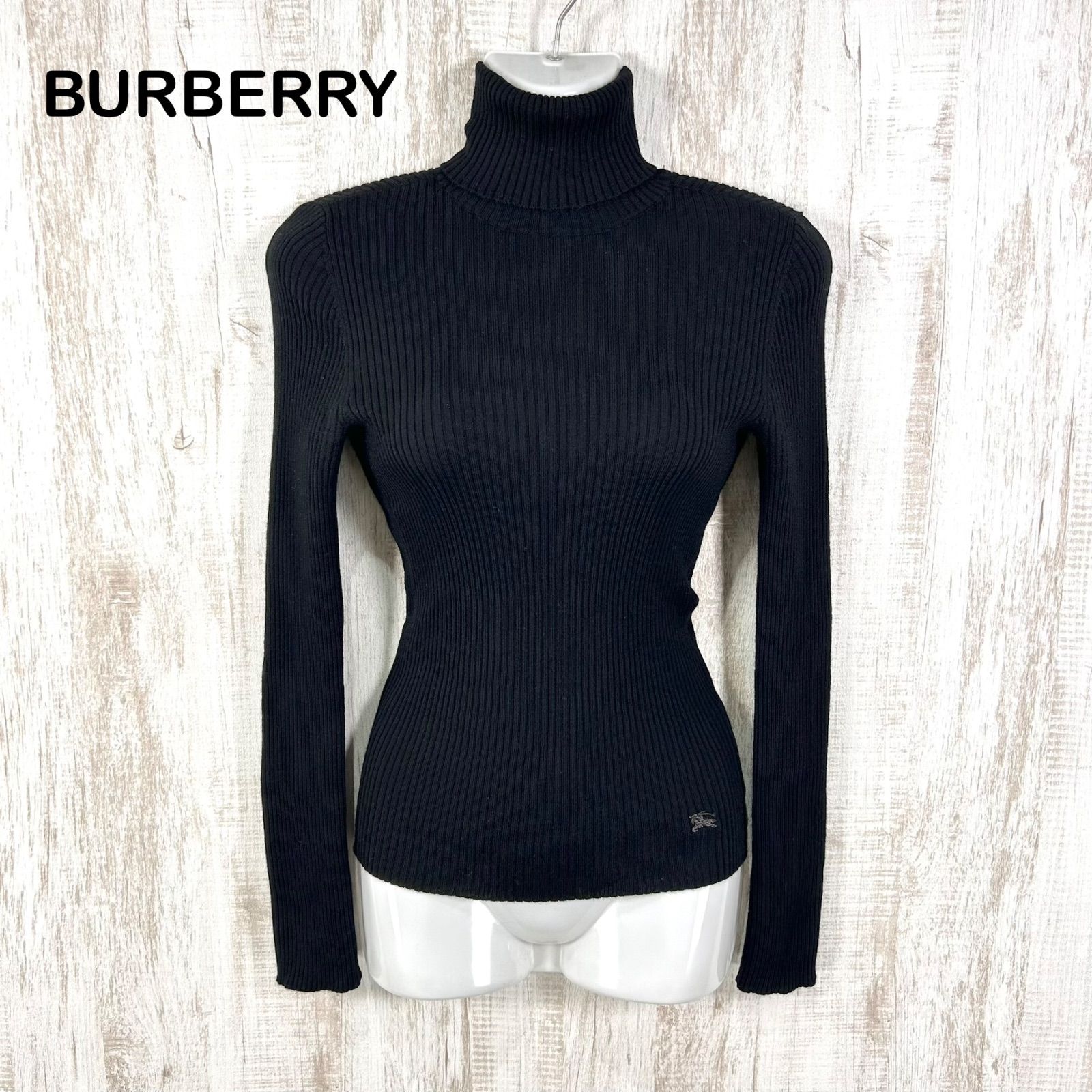 BURBERRY BLUE LABEL バーバリーブルーレーベル ホースロゴ刺繡 タートルネック ウール リブニット ブラック