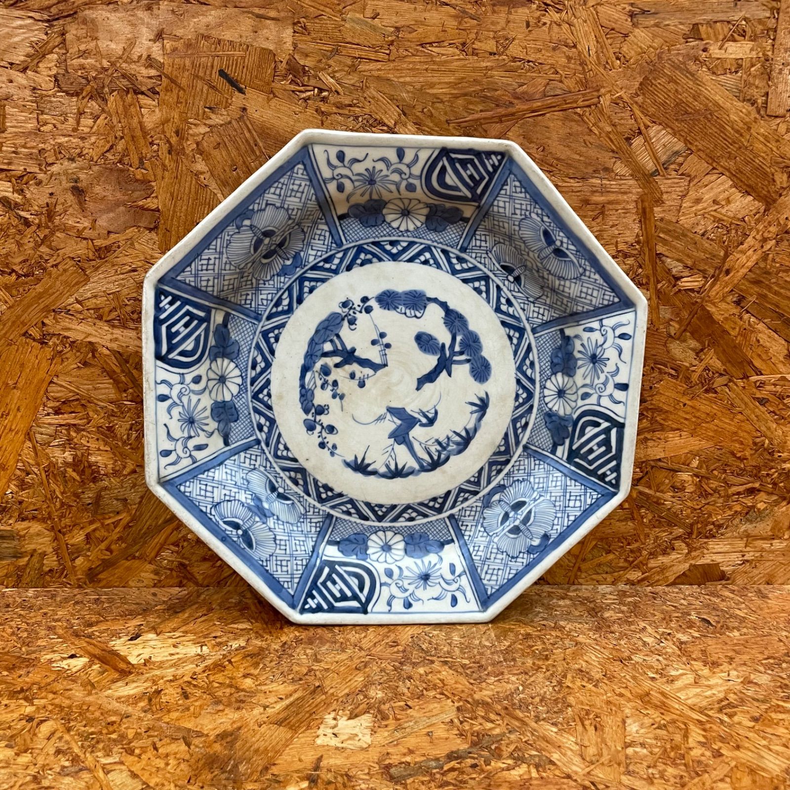 2】古伊万里焼 大皿 染付芙蓉手 鳥松竹梅文八角大皿 骨董品