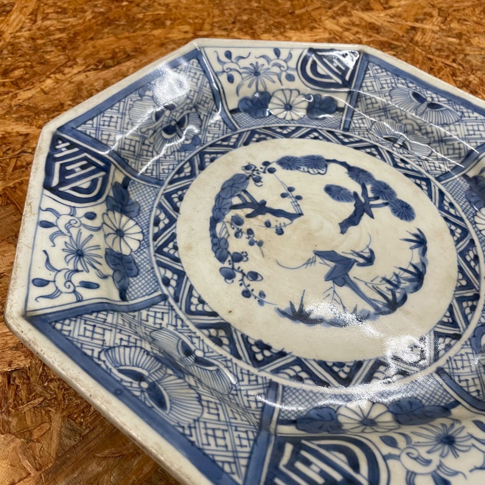 2】古伊万里焼 大皿 染付芙蓉手 鳥松竹梅文八角大皿 骨董品