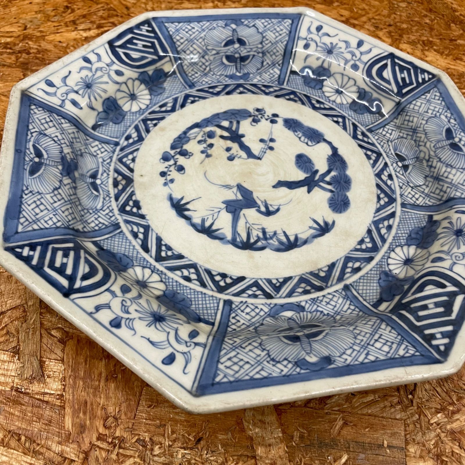 2】古伊万里焼 大皿 染付芙蓉手 鳥松竹梅文八角大皿 骨董品