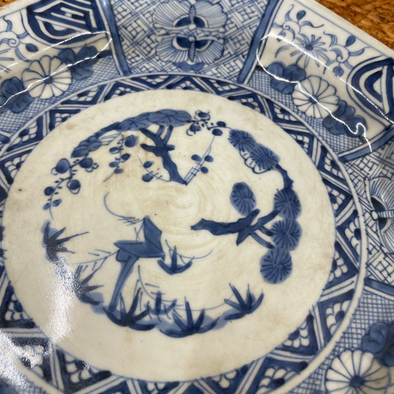 美品　古伊万里　染付 芙蓉手　 角福　大皿　アンティーク 2】古伊万里焼 大皿 染付芙蓉手 鳥松竹梅文八角大皿 骨董品