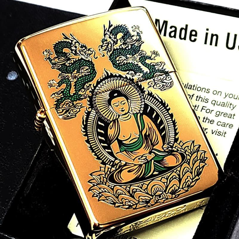 ZIPPO 一点物 釈迦如来 K24 純金メッキ ゴールドプレート 2016年製 絶版 ジッポ かっこいい 双龍 彫刻 廃盤 お守り 珍しい おしゃれ メンズ ギフト プレゼント