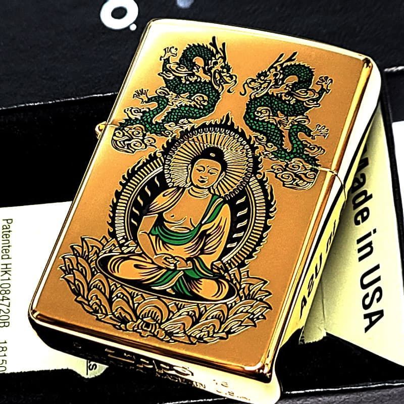 ZIPPO 一点物 釈迦如来 K24 純金メッキ ゴールドプレート 2016年製 絶版 ジッポ かっこいい 双龍 彫刻 廃盤 お守り 珍しい おしゃれ メンズ ギフト プレゼント