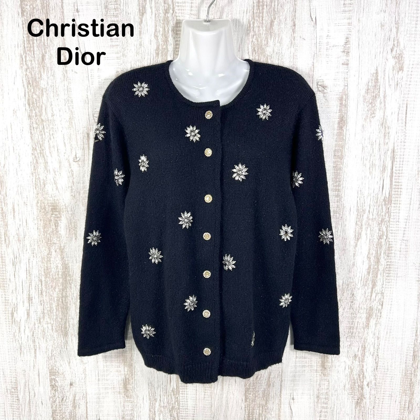 90s Christian Dior ヴィンテージ クリスチャンディオール フラワービジュー ウール カーディガン ブラック
