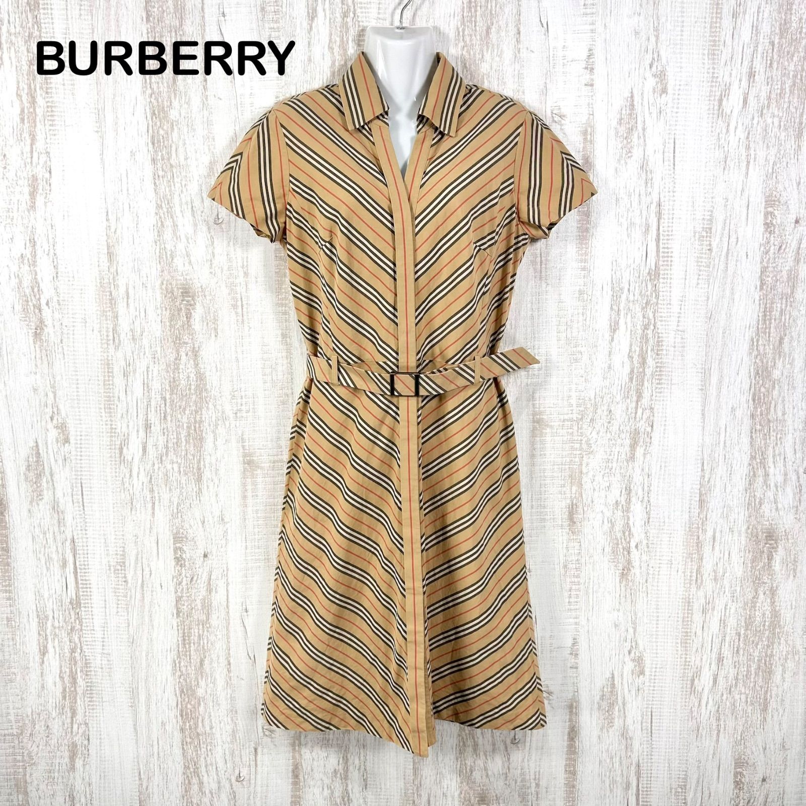 BURBERRY LONDON バーバリーロンドン 斜めストライプ ノバカラー ベルト付き シャツワンピース ベージュ 大きいサイズ