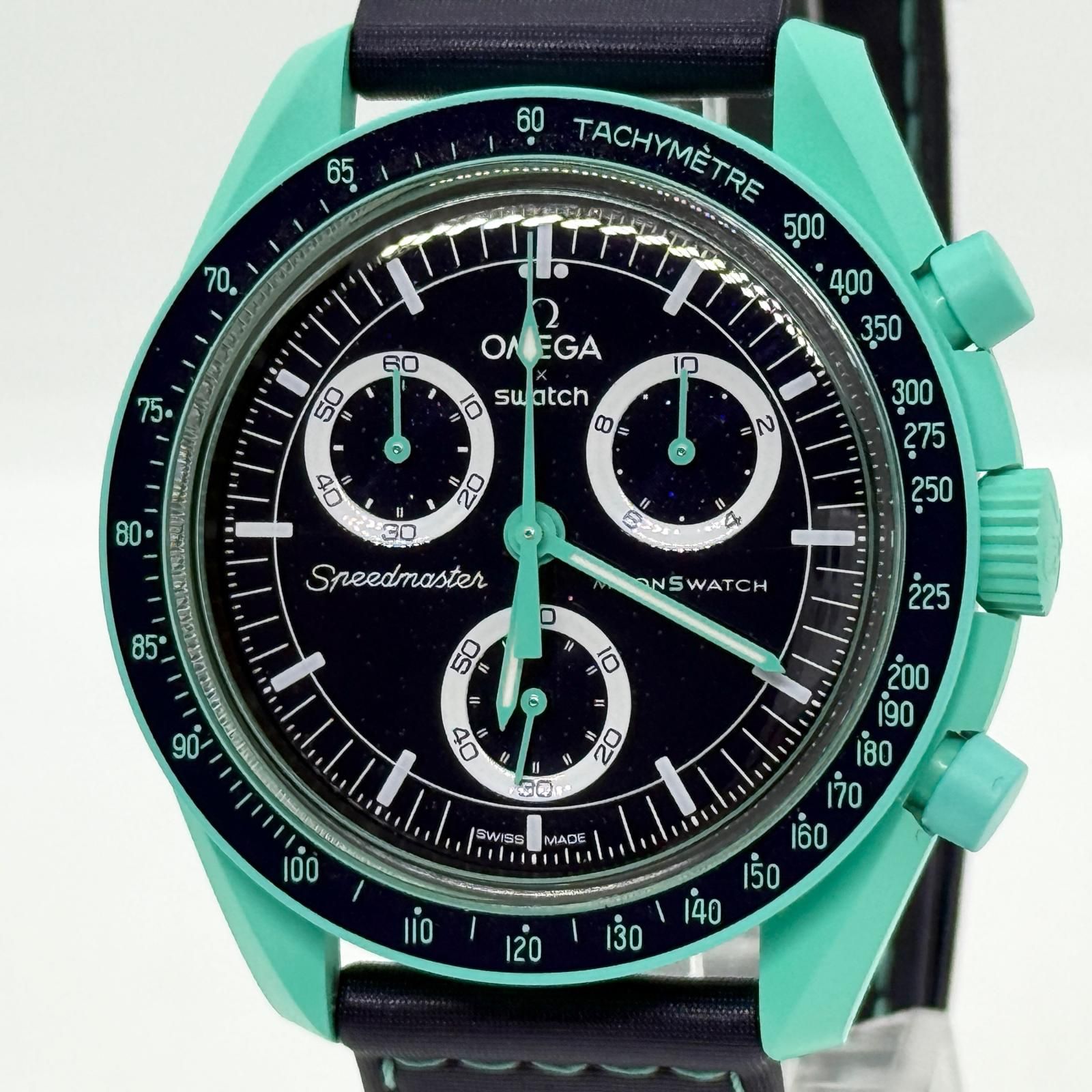 OMEGA オメガ ×スウォッチ スピードマスター ミッション オン アース ポーラー ライツ ダークブルー SO33L103 QZ メンズ 腕時計 稼働品