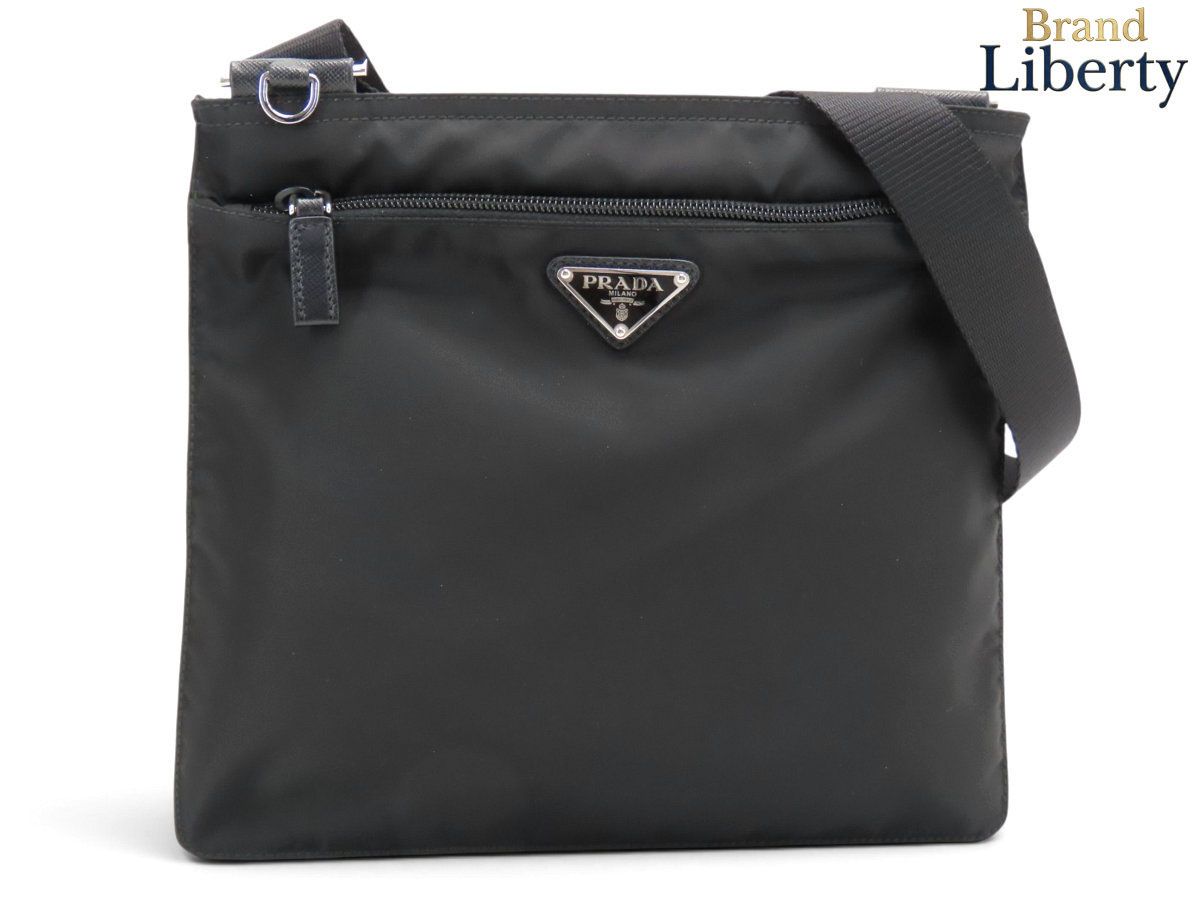 【超美品】プラダ PRADA ナイロン 斜め掛けショルダーバッグ フラットメッセンジャーバッグ サコッシュ NERO ブラック ナイロン レザー 1BH978