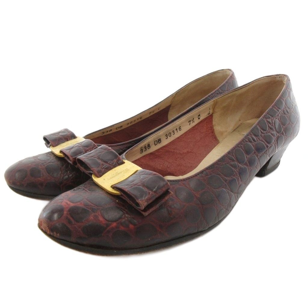サルヴァトーレフェラガモ Salvatore Ferragamo ヴァラ パンプス 7.5 レッドブラウン クロコ型押し リボンモチーフ /TQ ■GY53