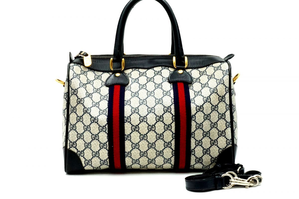 オールド グッチ ヴィンテージ 2way ショルダー ボストン ハンドバッグ トート シェリー GGプラス PVCキャンバス 紺 ネイビー GUCCI 7116h 28,600円