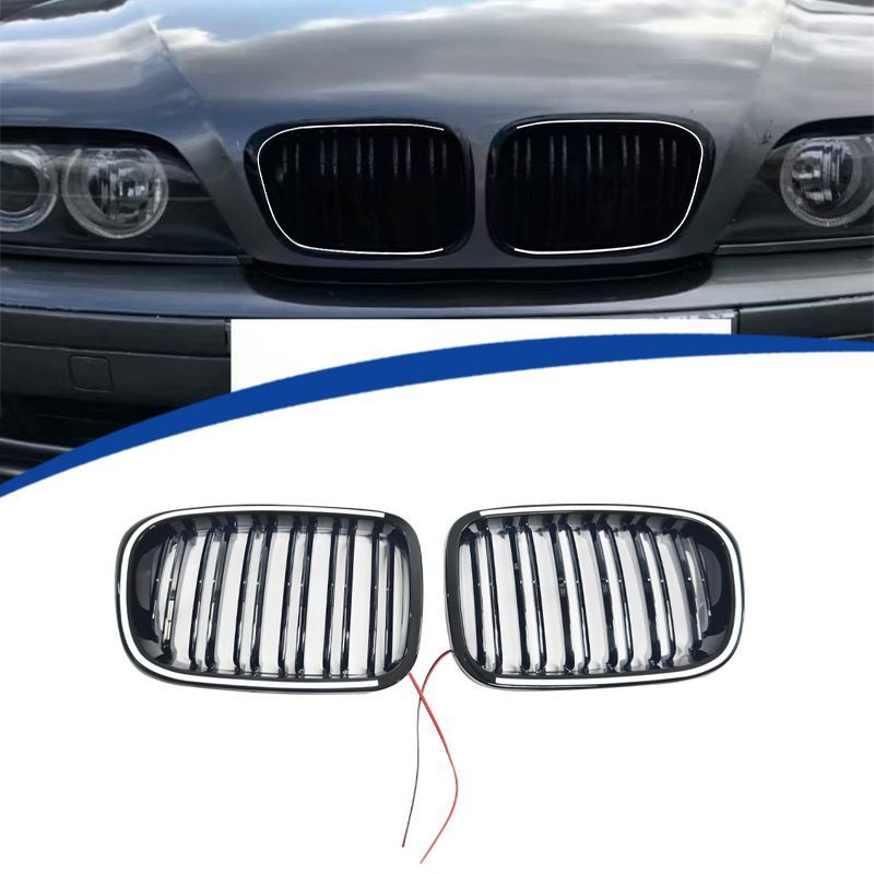 BMW 3シリーズ E46 1999-2001年 4ドア対応 フロントグリル 2ラインLED付き ピアノブラック ABS製 交換取付式 フロントフェイス 外装アクセントパーツ