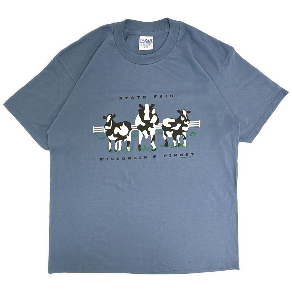 90年代 アニマルプリント 牛 ホルスタイン 牧場 スーベニアＴシャツ ブルー(メンズ XL)中古 古着 Y5450