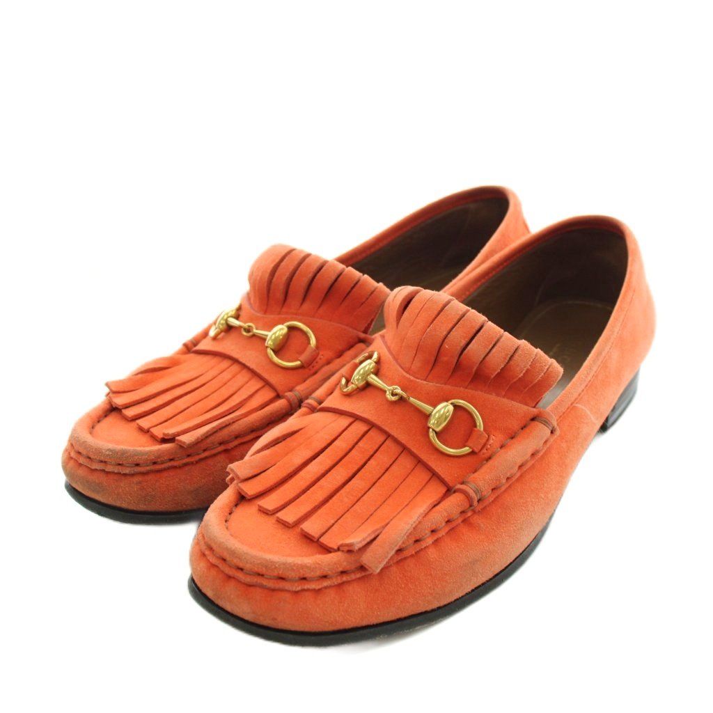 グッチ GUCCI ローファー モカシン スエード 38.5 オレンジ 351305