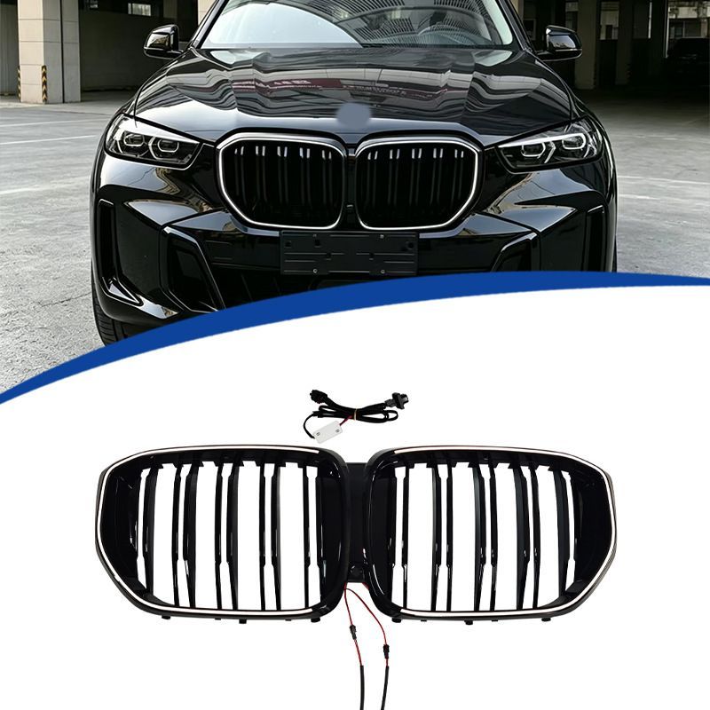 BMW X5 G05 2023-2026年対応 フロントグリル LED付き ダブルライン ピアノブラック ABS製 交換取付式 フロントフェイス 外装アクセントパーツ