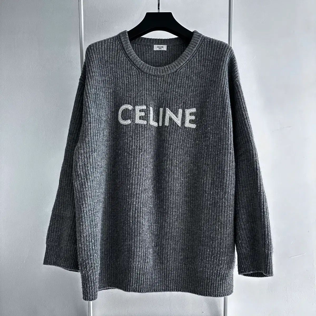 Celine セリーヌ リブド ウール ローグ ニット グレー / S