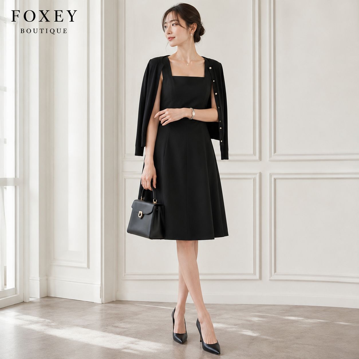 セット FOXEY ストレッチダブルフェイスワンピース 38 ピンク リボン 23624