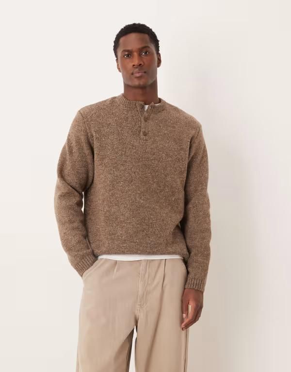 エイソス メンズ アウター ニット・セーター ヘンリーネック ASOS DESIGN relaxed knitted henley neck sweater BROWN ブラウン