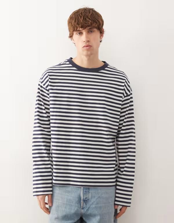 ウィークデイ メンズ トップス Tシャツ Weekday loose boxy long sleeve top off white stripe Navy stripe ネイビー