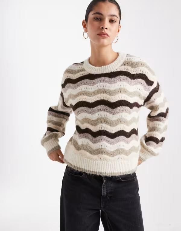 ヴェロモーダ レディース アウター ニット・セーター セーター ニット Vero Moda volume sleeve knit sweater in neutral multi stripe Bir