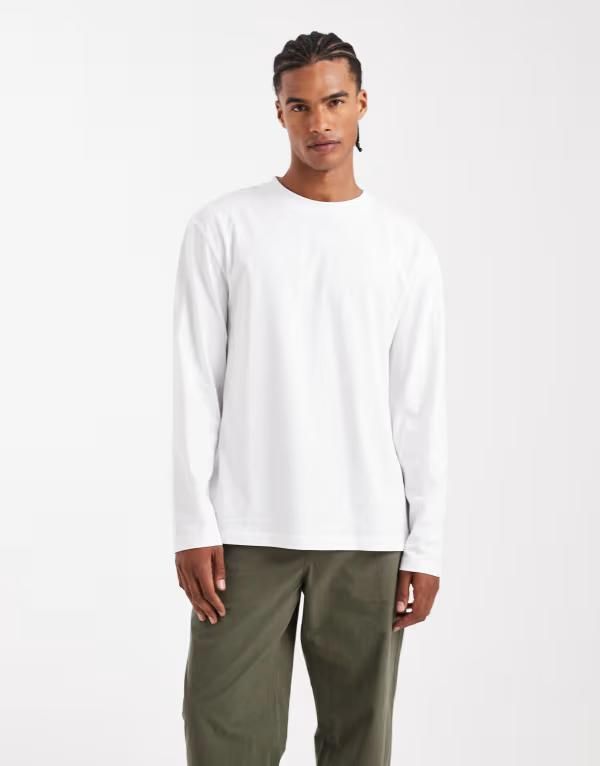 エイソス メンズ トップス Tシャツ ASOS DESIGN essentials relaxed long sleeve Tshirt WHITE ホワイト