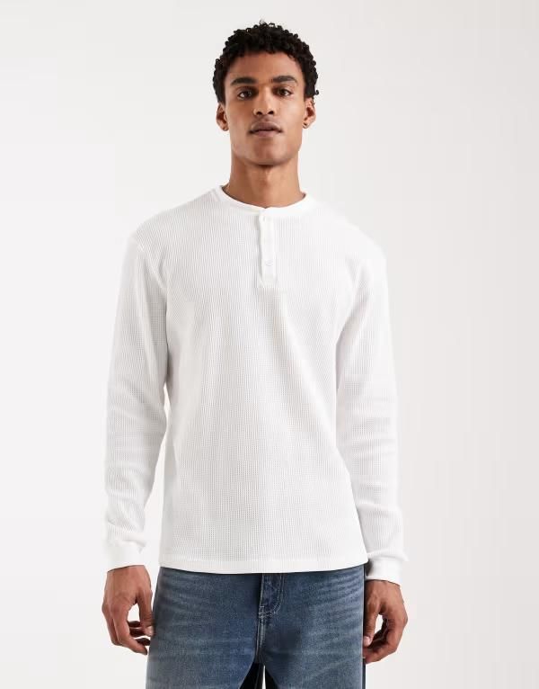 オンリーアンドサンズ メンズ トップス Tシャツ ONLY SONS long sleeve Henley Tshirt waffle Bright White ホワイト