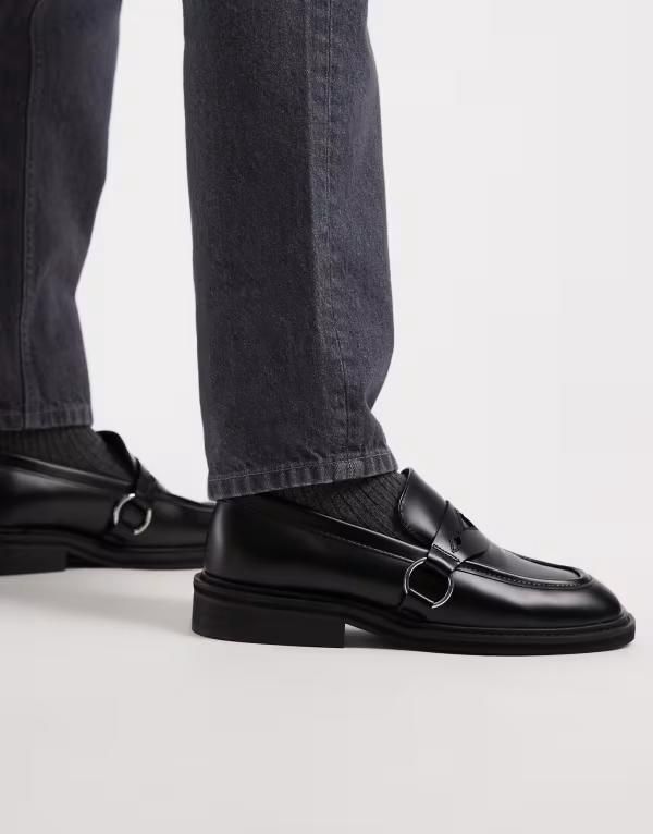 エイソス メンズ シューズ スリッポン・ローファー ASOS DESIGN loafers with western detailing Black ブラック