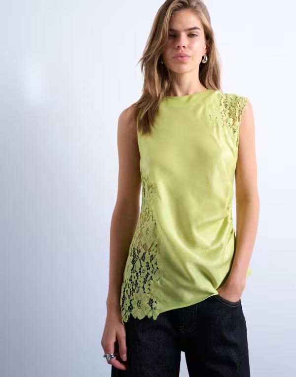 トップショップ レディース トップス タンクトップ レース Topshop lace insert grown on shoulder top in lime ライム