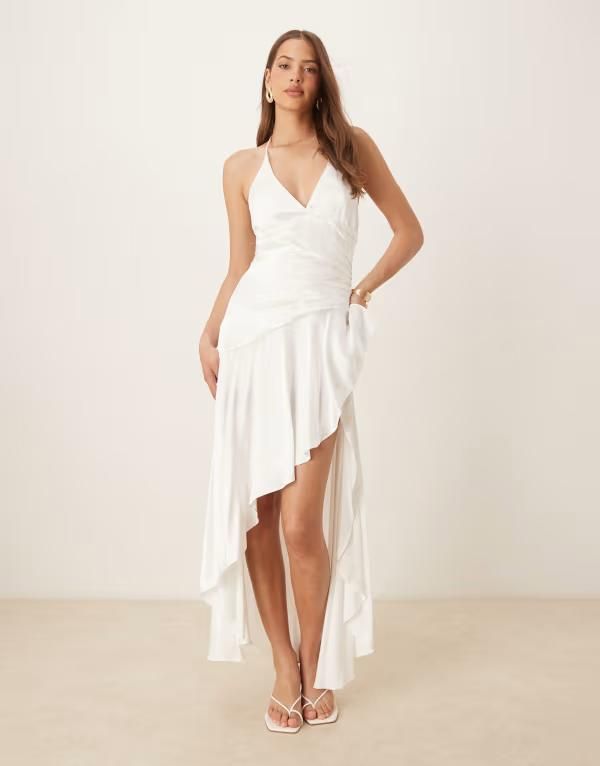 バードット レディース トップス ワンピース アシンメトリー ホルター Bardot halterneck asymmetric midaxi dress Orchid White ホワイト