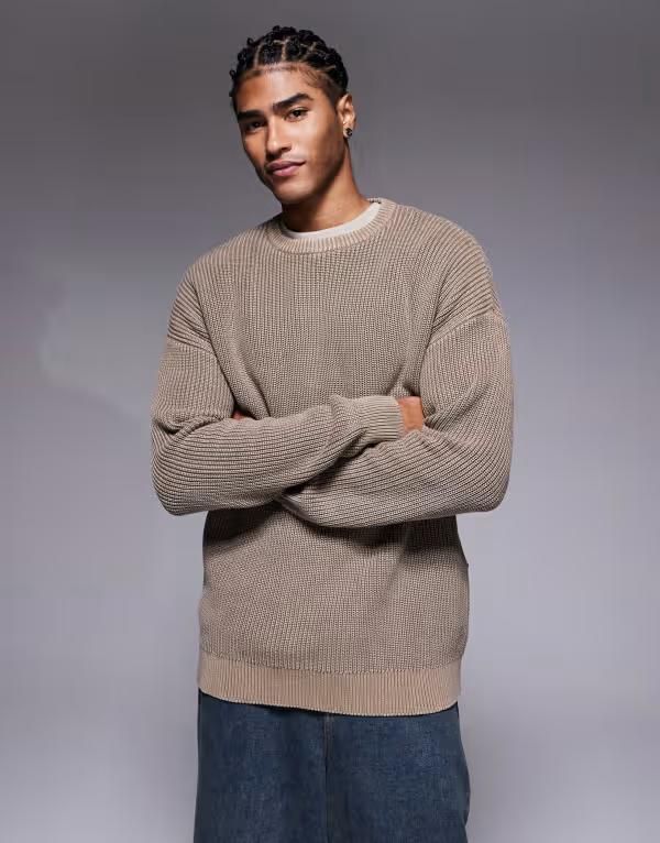 エイソス メンズ アウター ニット・セーター クルーネック リブ ASOS DESIGN relaxed knit ribbed crew neck sweater acid wash BROWN ブ