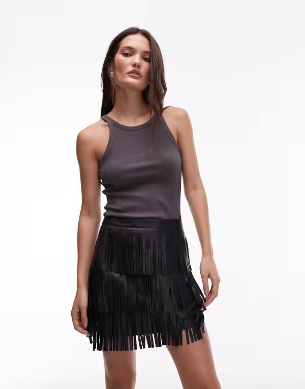 エイソス レディース ボトムス スカート ミニ レザー フリンジ フェイクレザー ASOS DESIGN faux leather fringe mini skirt Black ブラック