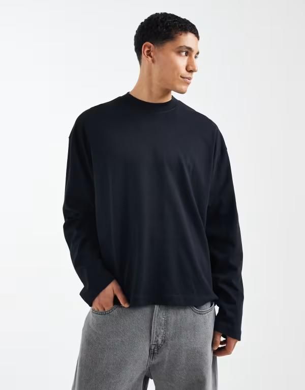 エイソス メンズ トップス Tシャツ ASOS DESIGN oversized boxy long sleeve heavyweightshirt Black ブラック