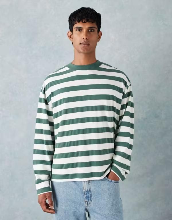 エイソス メンズ トップス Tシャツ ASOS DESIGN heavyweight boxy oversized long sleeve Tshirt stripe Multi マルチカラー
