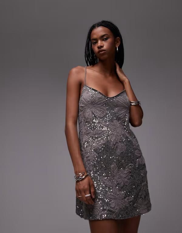 エイソス レディース トップス ワンピース フラワー柄 ミニ スパンコール フラワー ASOS DESIGN sequin floral camini swing dress with floral