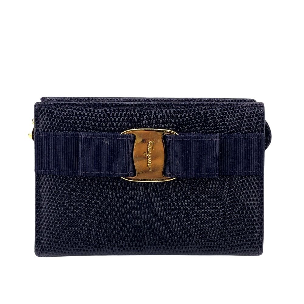 Salvatore Ferragamo Salvatore Ferragamo Coin Purse Key Ring Pouch Vala Ribbon Lizard Coin Case Black Mens