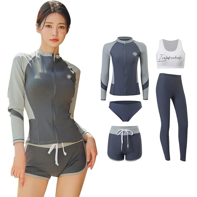 [YFMAYI] 水着 ラッシュガード レディース ５点セット フィットネス水着 体型カバー UVカット セパレートタンキニ レギンス 水陸両用 水泳 吸汗速乾 swimwear 0