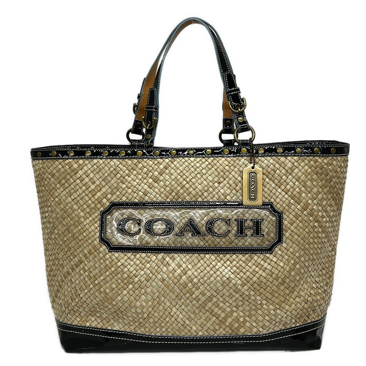 COACH(コーチ) トートバッグ - 6273 ベージュ×黒 スタッズ/かごバッグ 