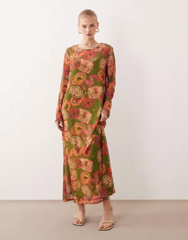 ネバーフリードレスド レディース トップス ワンピース プリント メッシュ マキシ Never Fully Dressed mesh maxi dress in olive western print