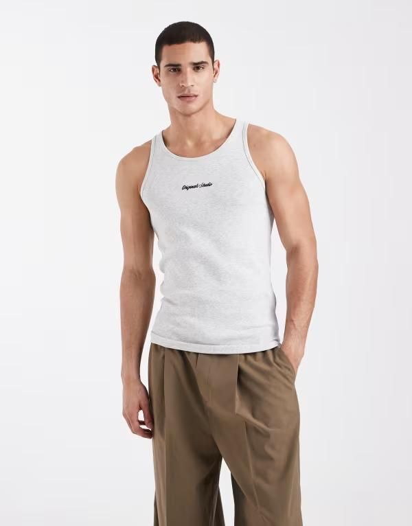 ジャック アンド ジョーンズ メンズ トップス ベスト リブ ロゴ Jack Jones originalstudio logo ribbed tank top White Melange ホワイト