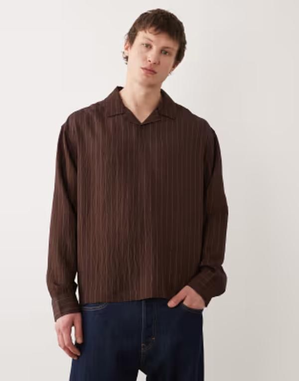エイソス メンズ トップス シャツ ASOS DESIGN oversized overhead striped shirt BROWN ブラウン