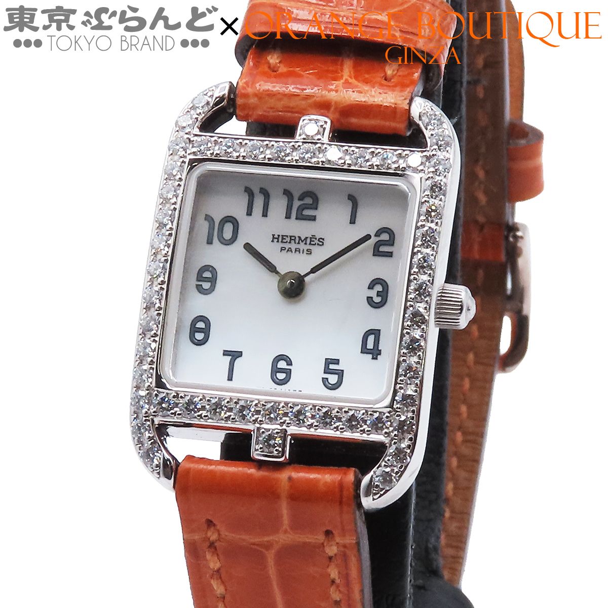 エルメス HERMES ケープコッドミニ CC1.192 □H刻印 MOP オレンジ K18WG ダイヤモンド ニロティカス 金無垢 シェル文字盤 腕時計 クォーツ 101884210