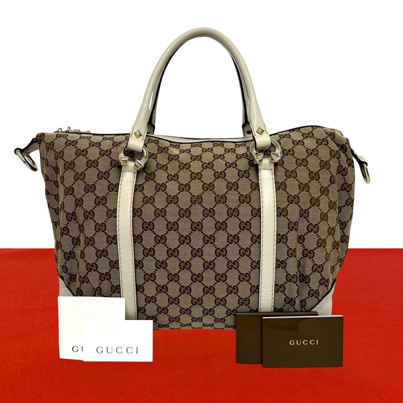 極 美品 GUCCI グッチ GG 柄 ホースシュー 金具 キャンバス レザー 本