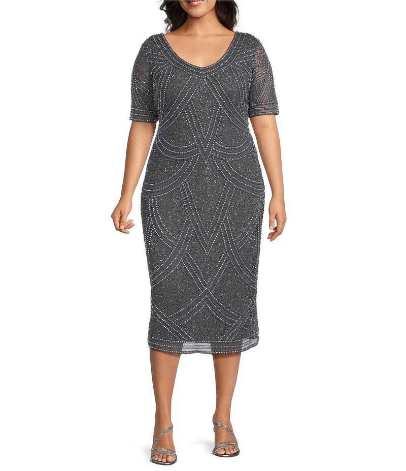 ピサッロナイツ レディース トップス ワンピース Vネック ミディワンピース プラスサイズ メッシュ ミディ Pisarro Nights Plus Size Beaded Mesh VNeck Sh