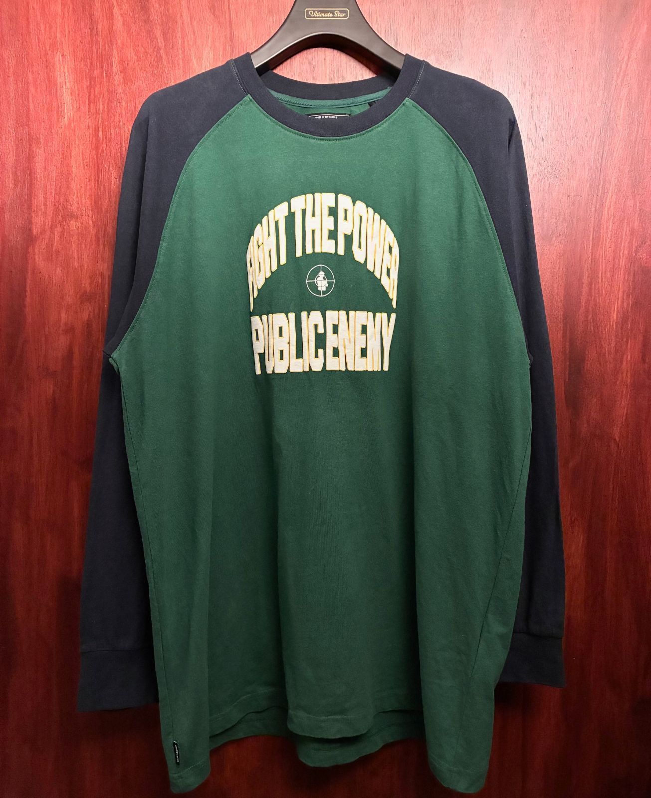ELEMENT × PUBLIC ENEMY 立体プリント 長袖ラグランスリーブカットソー グリーン×ネイビー XLサイズ